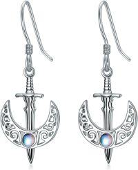 wholesale 925 Sterling Silver Moon and Sword Dangle Earrings with Rainbow Moonstone-Sword