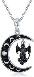 wholesale 925 Sterling Silver Crescent Moon with Black Bat and Skulls Necklace-0-0