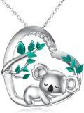 wholesale 925 Sterling Silver Heart Necklace with Koala Pendant and Green Leaves Charm-0-0