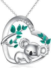 wholesale 925 Sterling Silver Heart Necklace with Koala Pendant and Green Leaves Charm-Koala