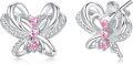 wholesale 925 Sterling Silver Butterfly Pink Crystal Stud Hoops for Girls and Women-0-0