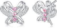 wholesale 925 Sterling Silver Butterfly Pink Crystal Stud Hoops for Girls and Women-CZ Butterfly-CZ Butterfly