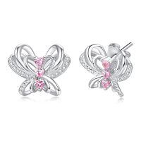 wholesale 925 Sterling Silver Butterfly Stud Earrings Pink Heart Zircon Platinum Plated-CZ Butterfly-CZ Butterfly