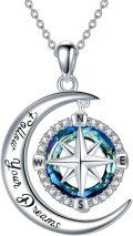 wholesale 925 Sterling Silver Compass Necklace for Women with Blue Crystal and Moon Pendant Jewelry Graduation Gift for Teen Girls-0-0
