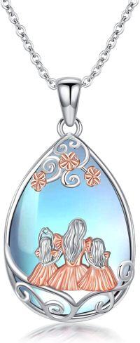 wholesale 925 Sterling Silver Teardrop Blue Moonstone Family Pendant Necklaces for Mom Dad Daughter Sister Gift Ideas-Mom & 2 Daughter-Filigree