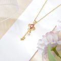 wholesale 925 Sterling Silver Gold-Plated Key Pendant Necklace w/Red CZ & Blue Topaz-0-5