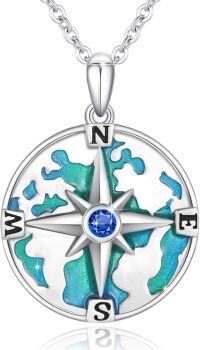 wholesale 925 Sterling Silver Blue Zircon Nautical Compass Pendant Necklace with World Map Design-World Map