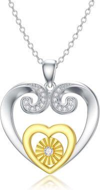wholesale 925 Sterling Silver Double Heart Pendant with Gold Center and Cubic Zirconia Stones for Women-Type 5