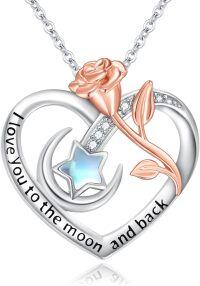 wholesale 925 Sterling Silver Rose and Star Moonstone Heart Pendant Necklace-Moon and Star Necklace with Rose Heart