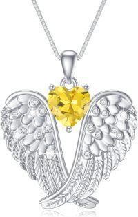 wholesale 925 Sterling Silver Birthstone Angel Wings Pendant Necklace for Women Christmas Gift-11-Nov-Citrine