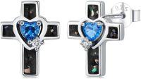 wholesale 925 Sterling Silver Heart & Cross Stud Earrings with Blue Topaz and Black Shell Inlay-A-Cross Abalone