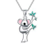 wholesale 925 Sterling Silver Koala Pendant with Green Leaves Chain Necklace for Women and Girls-Koala