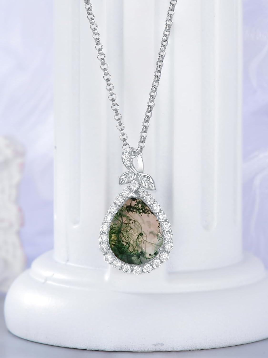 Sterling Silver Moonstone Peridot Moss Agate Dainty Teardrop Pendant Necklace-0-1