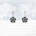 wholesale 925 Sterling Silver Black Enamel & Cubic Zirconia Floral Drop Dangle Lever Back Earrings for Women Gifts 43mm x 8 mm-0-3