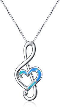 wholesale 925 Sterling Silver Blue Fire Opal Heart Treble Clef Pendant Necklace for Women Girls Dance Teachers Gift 47cm Chain Length-A-Blue opal music note necklace