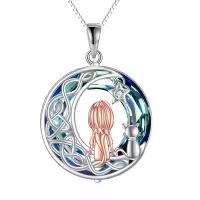 TOUPOP Sterling Silver Blue Crystal Cat Moon Pendant Necklace-undefined