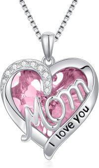 wholesale S925 Sterling Silver & Crystal Heart Necklace, October Birthstone Gift for Mom, I Love You Mom Pendant, 0.83in, 14K Gold Plated-10-October - Pink