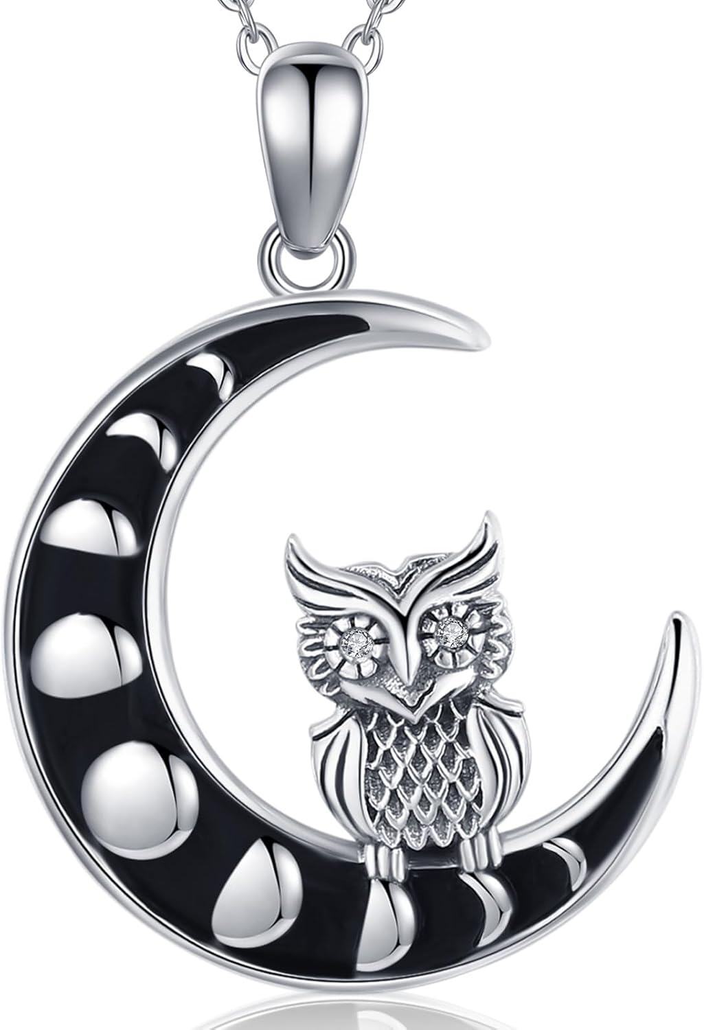 Sterling Silver Black Cat Fox Owl Panda Butterfly Cat Dog Paw Mushroom Pendant Necklace-Moon Owl
