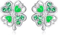 wholesale 925 Sterling Silver Hypoallergenic Shamrock Stud Earrings for Women and Girls - 4-Leaf Clover Design with Green Stones-Four Leaf Clover