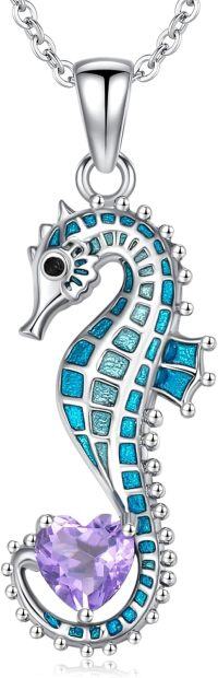 wholesale 925 Sterling Silver Birthstone Blue Seahorse Heart Pendant Necklace-June