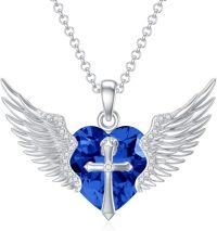 wholesale Sterling Silver Gold Angel Wings Necklace with Cross Birthstone Valentine s Gift-09-Sep-Sapphire White Gold