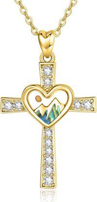 wholesale Gold 925 Sterling Silver Heart Mountain Cross Necklace with Abalone Shell and Cubic Zirconia Stones for Women Christian Faith Pendant Inspiring s-Gold