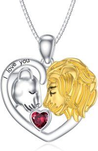 wholesale Silver Stone Lion Heart Necklace Lioness Lion Jewelry Gift for Women-July - Ruby