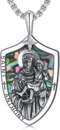 wholesale 925 Sterling Silver Saint Anthony Shield-Shaped Shell Inlay Religious Pendant Necklace -01-St Anthony Shield