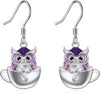 wholesale 925 Sterling Silver Owl Teacup Drop Earrings Purple and White Gemstone Pendant Gifts for Women Girls-owl