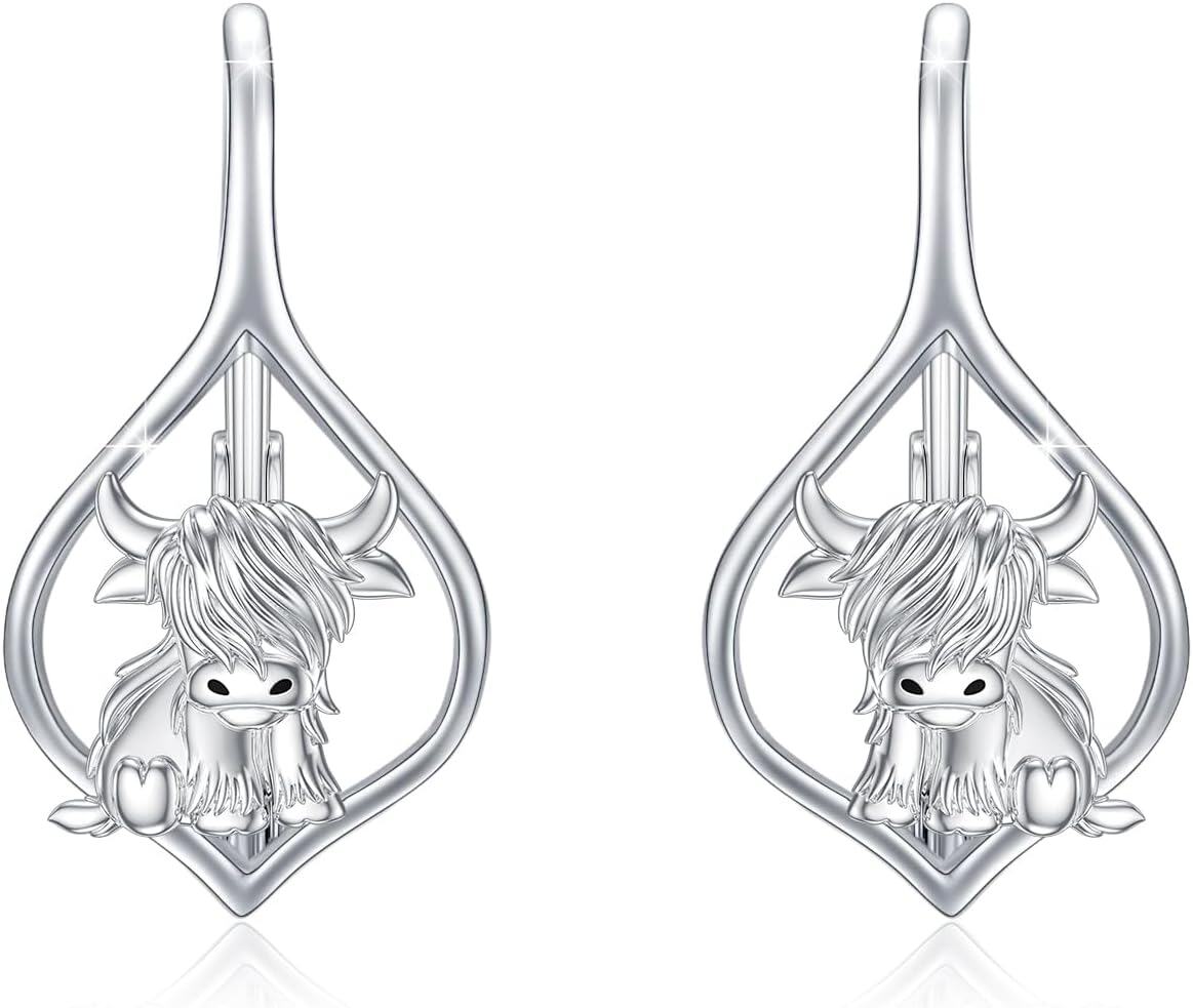 wholesale 925 Sterling Silver Highland Cow Sunflower Dangle Stud Leverback Hoop Earrings-3-2