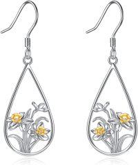 wholesale 925 Sterling Silver Gold Plated Flower Design Teardrop Dangle Earrings for Women Girls  4cm Long-March-Daffodil
