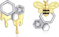 wholesale 925 Sterling Silver Honeycomb & Bee Stud Earrings with Cubic Zirconia - Gold Plated and Enamel Accents-Honeycomb Bee