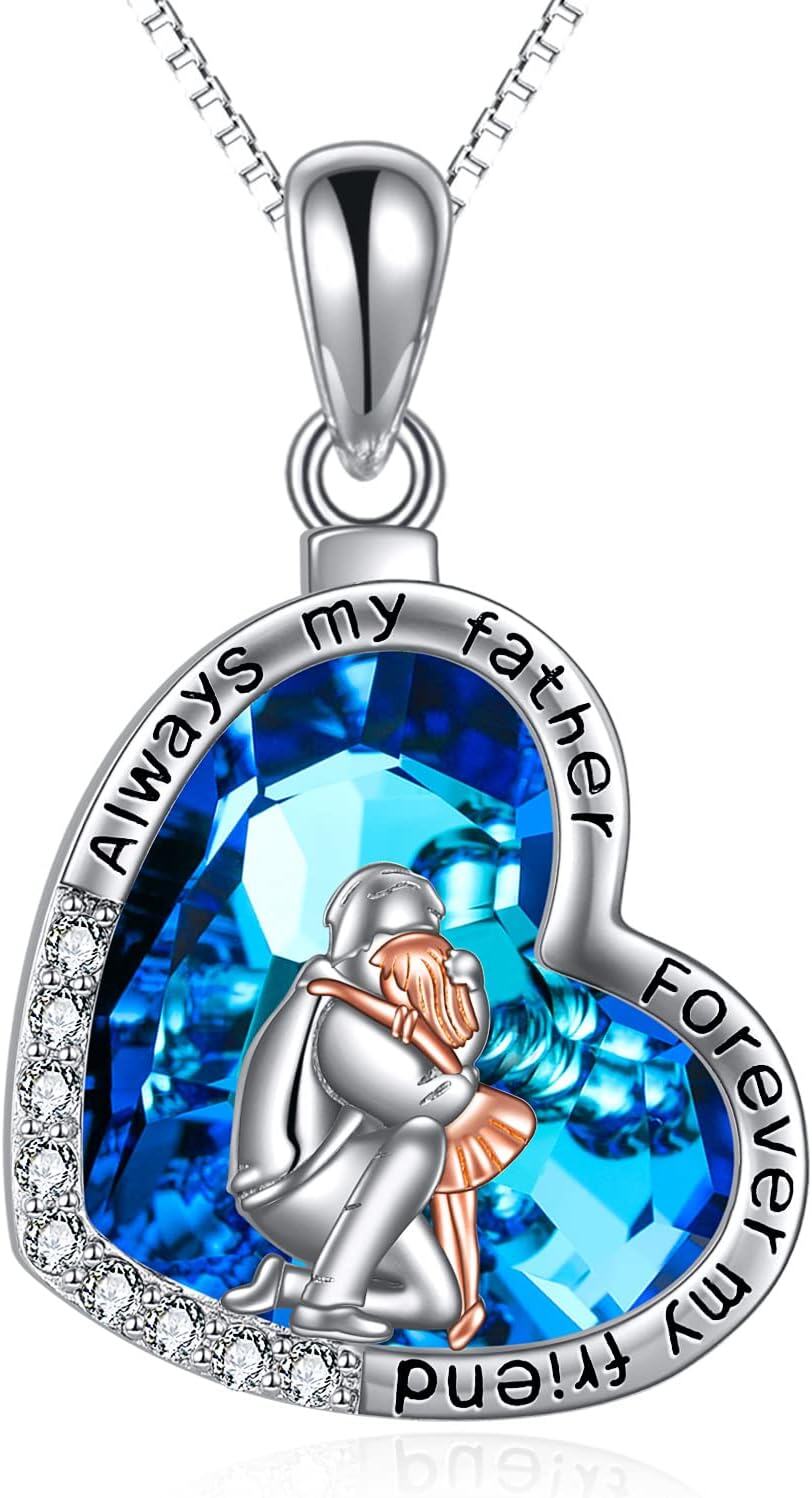 wholesale 925 Sterling Silver Blue Crystal Heart Pendant - Always My Father Forever Friend Necklace for Dad Gifts-0-0