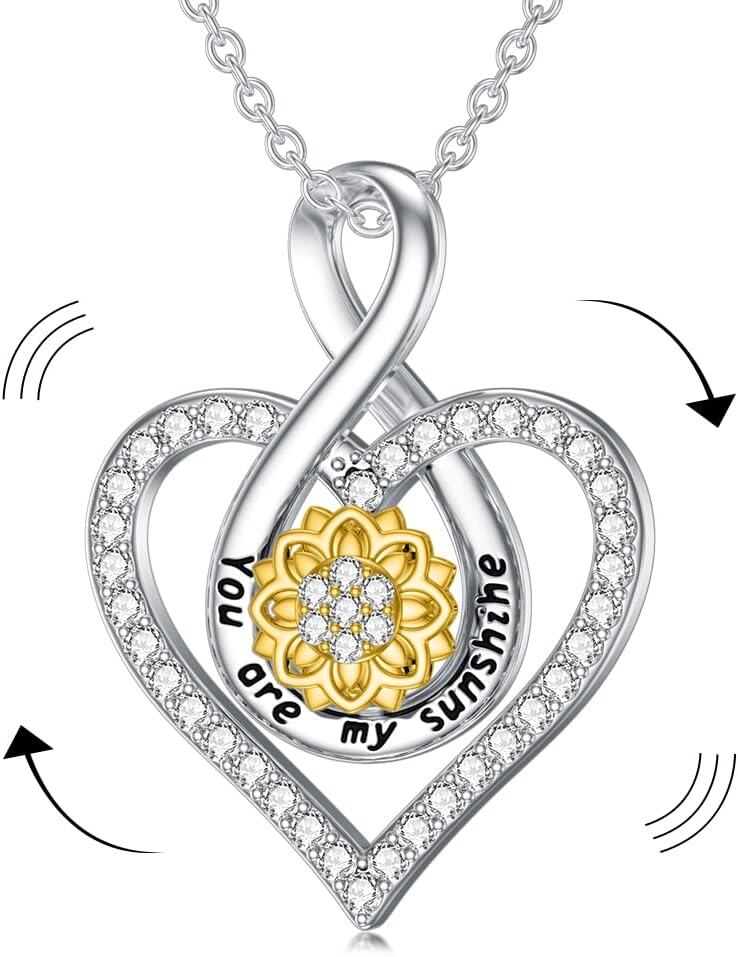wholesale 925 Sterling Silver Heart Pendant with Sunflower and Cubic Zirconia - You Are My Sunshine Necklace Gift for Her-0-1