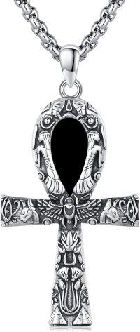 wholesale 925 Sterling Silver Ankh Cross Pendant with Black Onyx Stone - Egyptian Amulet Jewelry for Men Women Gifts 24 Chain -Black Agate