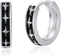 wholesale 925 Sterling Silver Black Enamel Star Design Small Hoop Earrings for Men & Women - Unisex Jewelry-Silver