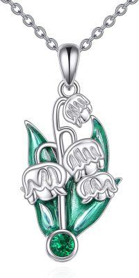 wholesale 925 Sterling Silver Green Enamel Lily of the Valley Birth Flower Pendant Necklace-Lily of the Valley