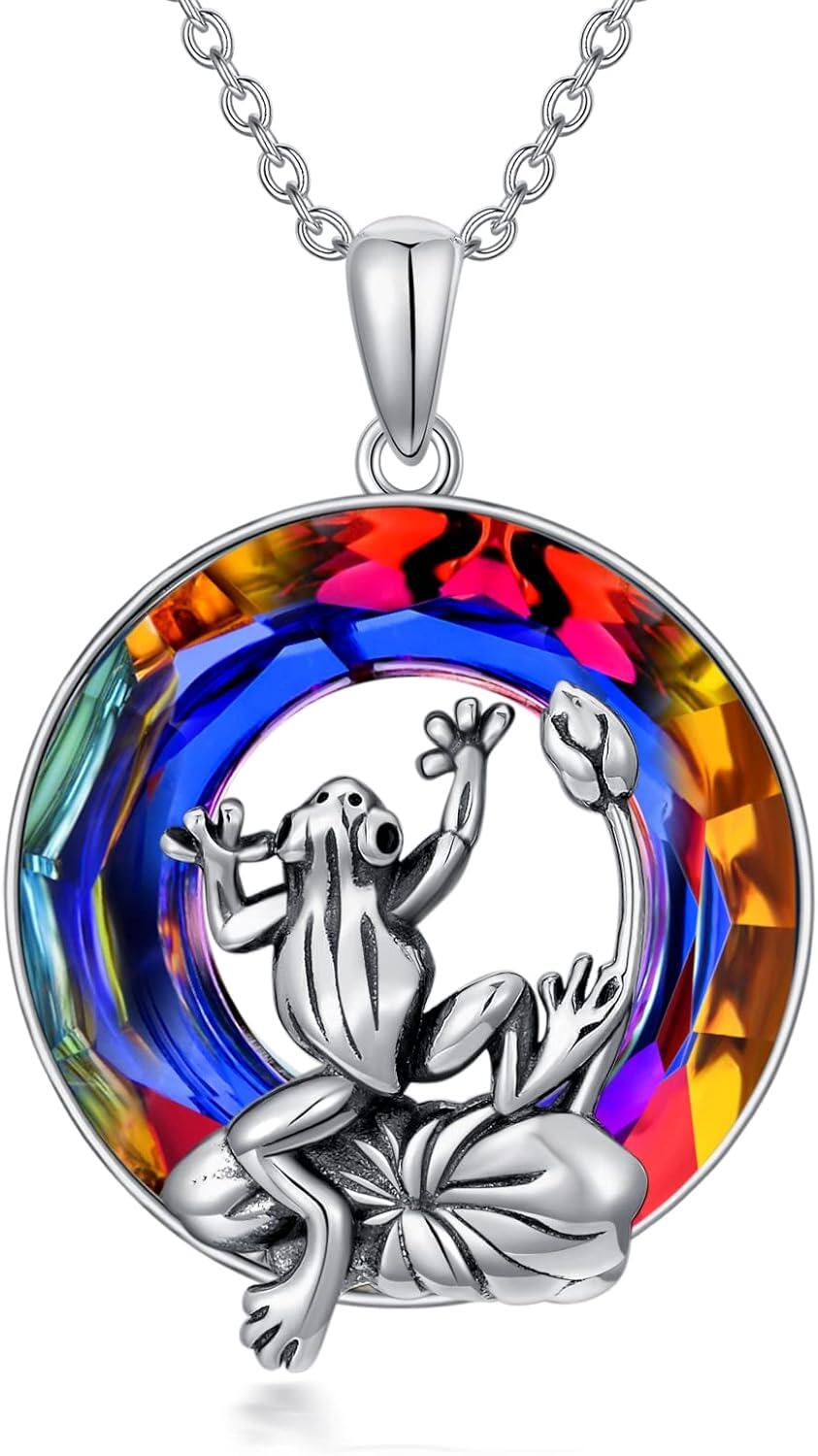 Sterling Silver Crystal Frog Pendant Necklace for Women Girls 18+2 -Volcano