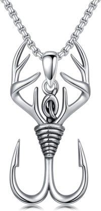 wholesale 925 Sterling Silver Deer Antlers & Fishing Hooks Mens Pendant Necklaces with Duck Charm  for Dad Husband Boyfriend BF-Antler Necklace