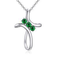 wholesale 925 Sterling Silver Emerald May Birthstone Cross Pendant Necklace-05-May-Emerald