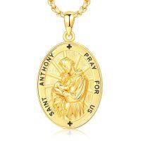 wholesale 925 Sterling Silver Saint Anthony Oval Religious Medal Pendant Necklace-18a-St Anthony-Gold-18a-St Anthony-Gold