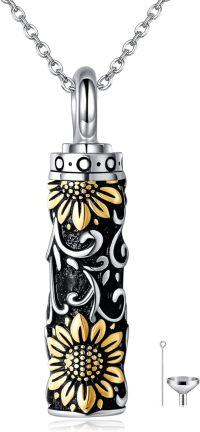wholesale 925 Sterling Silver Sunflower Black Enamel Cylinder Keepsake Pendant Necklace with Funnel and Fill Tool-sunflower urn necklace