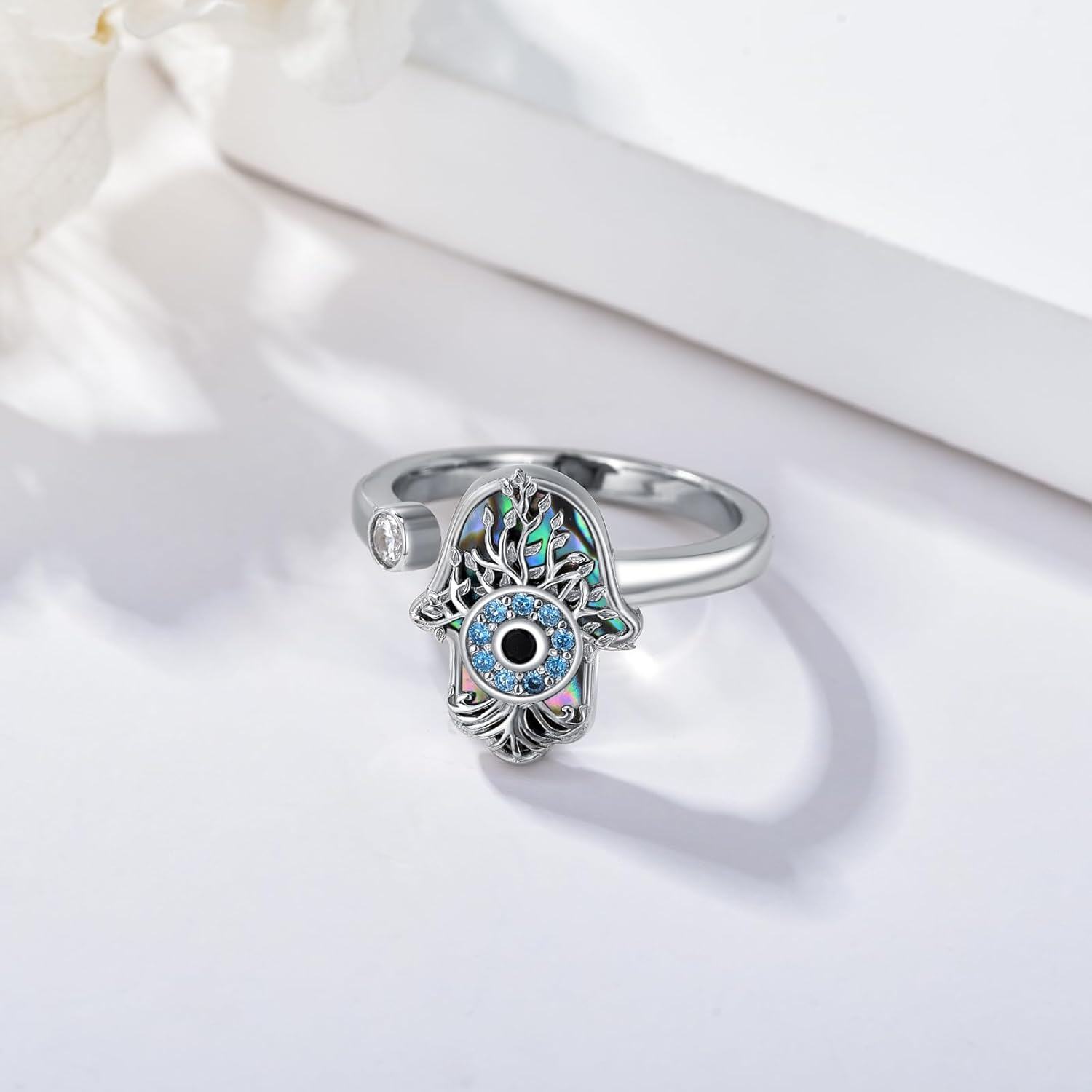 Sterling Silver Hamsa Evil Eye Chakra Adjustable Open Ring-0-2