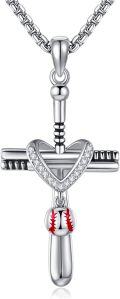 wholesale 925 Sterling Silver Heart-Shaped Baseball Charm Cross Pendant Necklace with Red Crucifix and Saint Benedict Medal-0-0