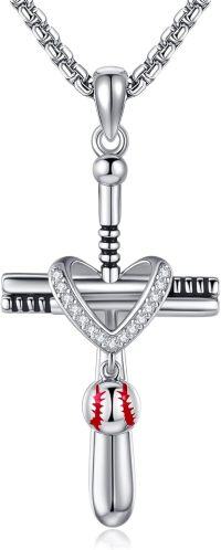 wholesale 925 Sterling Silver Heart-Shaped Baseball Charm Cross Pendant Necklace with Red Crucifix and Saint Benedict Medal-Baseball Cross