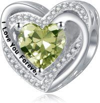 wholesale 925 Sterling Silver Heart Birthstone Charms for Bracelets Jewelry Gifts-Bead - Aug - Peridot