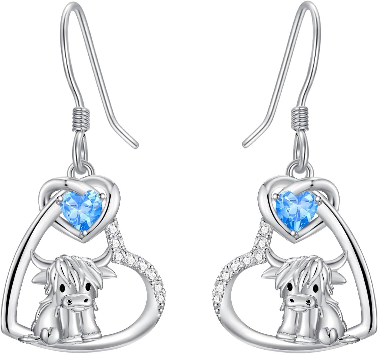 925 Sterling Silver Birthstone Highland Cow Dangle Earrings Scotland Western Gift-0-0