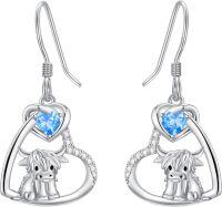 wholesale 925 Sterling Silver Birthstone Highland Cow Dangle Earrings Scotland Western Gift-03-Mar-Aquamarine