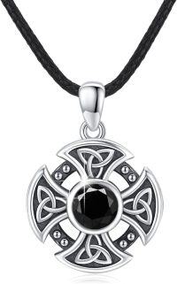 wholesale 925 Sterling Silver Black Onyx Celtic Knot Viking Pendant Necklaces for Men & Women Gifts-Celtic Cross Viking Necklace-Silver 03