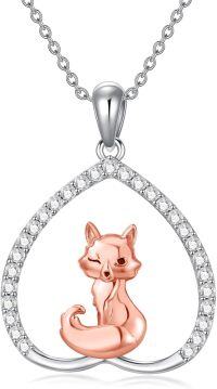 wholesale 925 Sterling Silver Fox Teardrop Pendant Necklace with Cubic Zirconia Gemstones - Gifts for Her-05-Heart-Fox